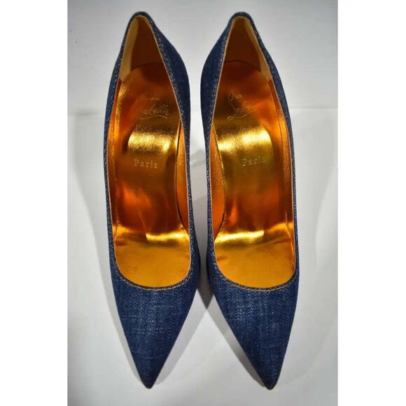 Christian Louboutin Kate 100 Blue Denim Saba Gold Stiletto Pointed Heel Pump 40 - Picture 7 of 12